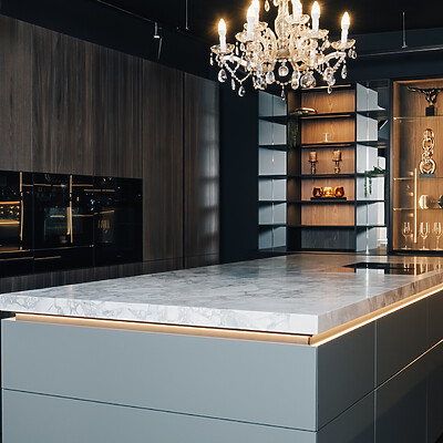 Luxusküche mit Arctic Sky Arbeitsplatte auf Kücheninsel