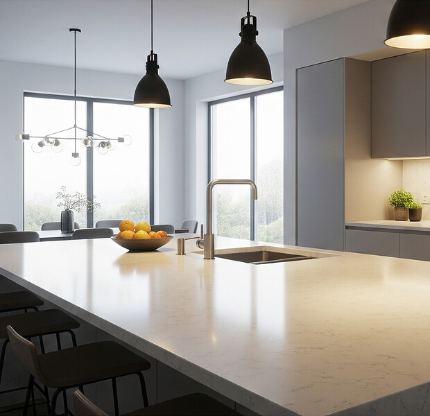 Beispielbild Inalco Arbeitsplatte Designerküche Hell Mit Kücheninsel Beispielbild Inalco Arbeitsplatte Designerküche Hell Mit Kücheninsel