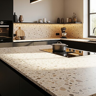 Beispielbild Schwarze Küche Mit Terrazzo Arbeitsplatte Kücheninsel