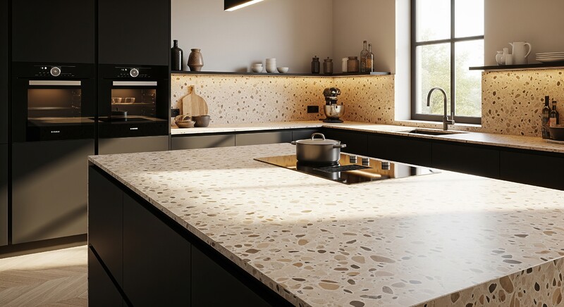 Beispielbild Schwarze Küche Mit Terrazzo Arbeitsplatte Kücheninsel Beispielbild Schwarze Küche Mit Terrazzo Arbeitsplatte Kücheninsel