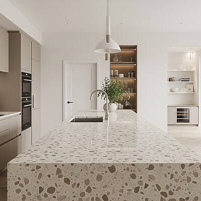Beispielbild Terrazzo Beige Küchenarbeitsplatte Kücheninsel Mit Wange