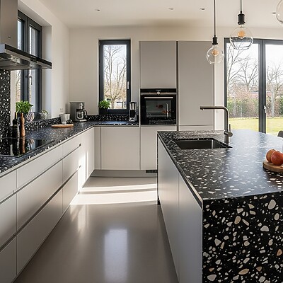 Beispielbild Terrazzo Black Küchenarbeitsplatte Rückwand Und Kücheninsel Mit Wange